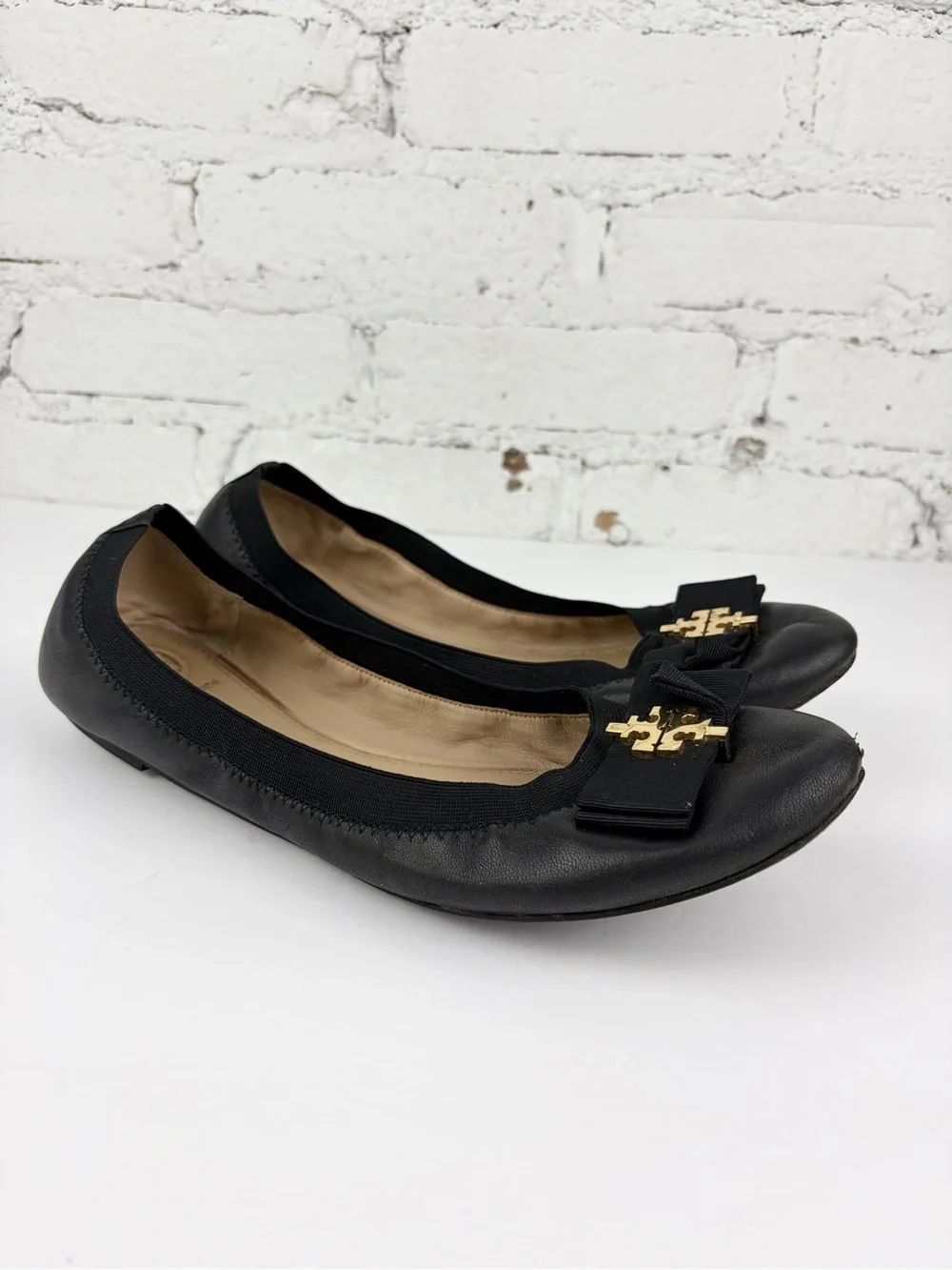 Tory Burch Sedgwick Elastic Ballet Flats Bow Logo Toe 10.5